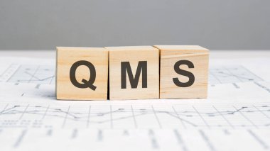 Beyaz arka planda QMS harfleri yazılı tahta bloklar. QMS - Kalite Yönetim Sistemi 'nin kısaltması