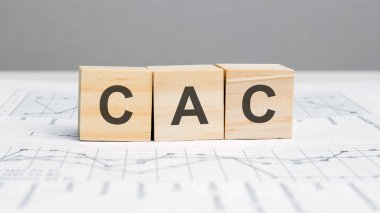 Beyaz arka planda CAC harfleri yazılı tahta bloklar. CAC - Müşteri Edinme Maliyetinin kısaltılmışı
