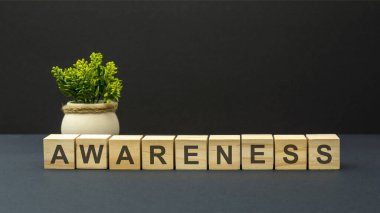 Tahta küplerin, karanlık yüzeylerin farkındalık alfabesinin harfleri. Yeşil bitki. siyah arkaplan