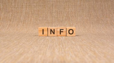 Kahverengi arka planda tahta bloklarla yazılmış INFO kelimesi, konsept