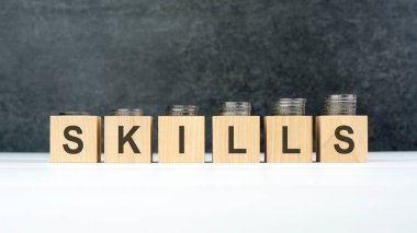 SKILLS sözcüğü, her küpün üzerinde farklı yükseklikteki bozuk paraların bulunduğu tahta küplere yazılmış metin, iş konsepti