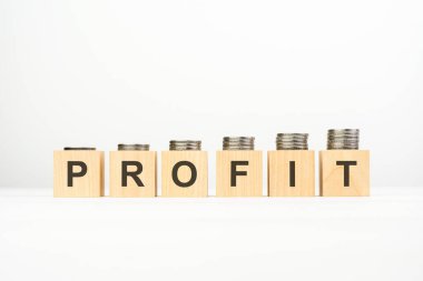 Tahta blokta yazılı kar metni ve beyaz arka planda birikmiş madeni paralar, iş konsepti