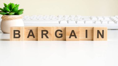 BARGAIN kelimesi ahşap bloklardan yapılır. Ön görünüm kavramları, vazodaki yeşil bitki ve arkaplanda beyaz klavye