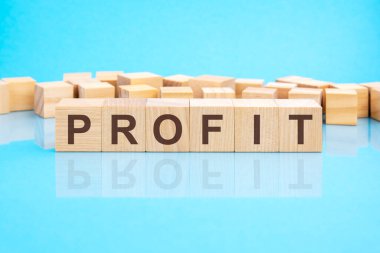 Kelime PROFIT ahşap yapı taşları, mavi arkaplan, iş konsepti