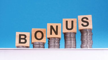 Üzerinde BONUS yazan tahtadan küplere para yığını, iş konsepti