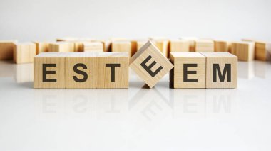 ESTEEM - Gri arka planda harfleri olan tahta bloklardan oluşan bir kelime. Tablonun aynalı yüzeyindeki başlığın yansıması. Seçici odak.