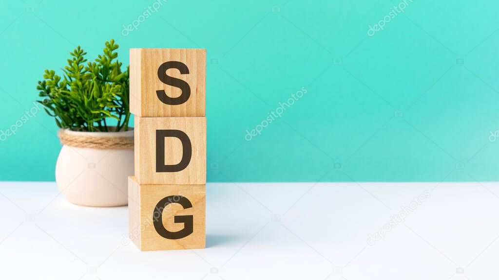 sdg - word from wooden blocks with letters. business concept on green background. copy space available. sdg acronym - sustainable development goals