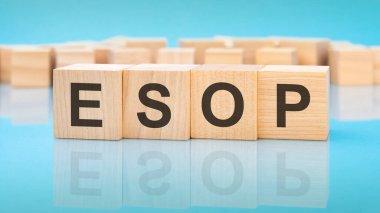 Mavi arka planda tahta küplerle ilgili ESOP kelimesi. Küplerdeki yazılar yüzeyden yansıyor. iş kavramı