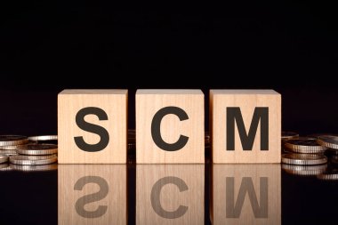 SM - tedarik zinciri yönetiminin kısaltılmışı. Bozuk paralar, siyah arka plan ve iş konsepti içeren tahta küplerle ilgili yazı. Küplerdeki yazıtlar siyah tablonun yüzeyinden yansıyor. ön görünüm