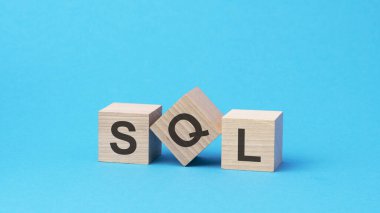 Tahta bloklarla ilgili metinler, finansal iş konsepti, mavi arka plan. sql - Yapılandırılmış Sorgu Dili 'nin kısaltması