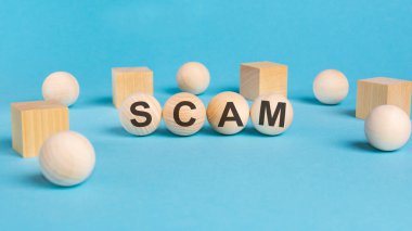 Kelime SCAM, tahta toplar üzerine yazı. bilgi ve eğitim kavramı