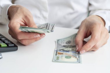 Finansal iş kavramı. Yakın plan kadın elleri bize dolar sayıyor.
