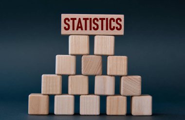İstatistik. Koyu gri arka planda tahta küplerle ilgili bir söz. Bilgi kavramı