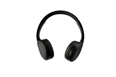 Black wireless headphones insulated on white background.