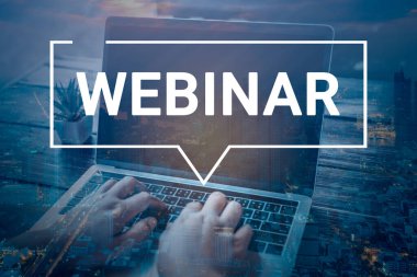 Double exposure of Businessman using a Laptop Computer with Webinar E-business Browsing Connection and cloud online technology webcast concept, business concept.