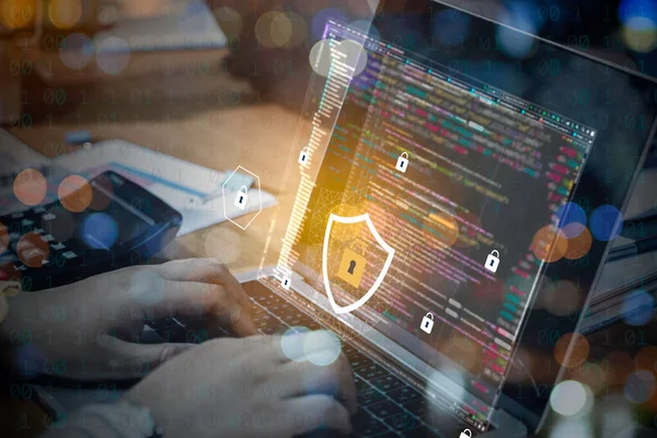 Double exposure with Cyber security protectors concept, Digital crime by an anonymous hacker, Big online data protection from hacker. Watch and find solutions by programmers.