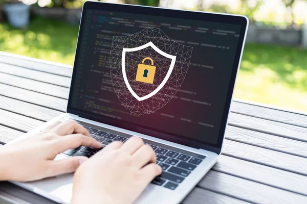 Laptop Komputer Technologią Cyberbezpieczeństwa Koncepcji Prywatności Ochrona Bezpieczne Dane Dla Obraz Stockowy