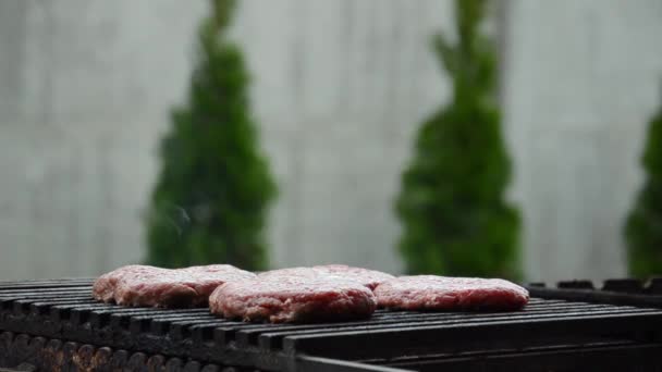Almôndegas Cruas Hambúrgueres Fritam Grelha Fundo Árvores Carne Está Assando — Vídeo de Stock