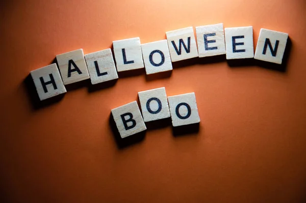 Επιγραφή Halloween Boo Περιγράφεται Πορτοκαλί Φόντο Χώρο Αντίγραφο Επιλεκτική Εστίαση — Φωτογραφία Αρχείου