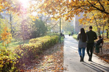 Lutsk, Ukrayna - 10 Ekim 2020. Erkek ve kadın sonbahar parkında yürürler. Genç çift banktaki kadının yanından geçiyor. Sonbahar manzarası kavramı. Sarı akçaağaç yapraklarının arasından güneş ışınları parlıyor..