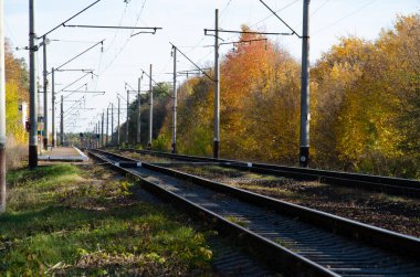 Demiryolu sonbahar ağaçları arasında yer alır. Sonbahar ormanlarından geçen sütunların yanındaki demiryolu ve yataklar. Sonbahar mevsimi konsepti.