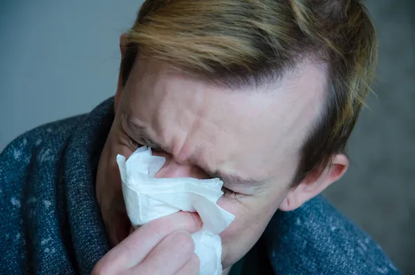 Sick Caucasian Man Blanket Sniffs Napkins Man Has Cold Tired — Stock Photo, Image