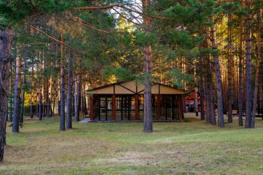 Rusya, Bashkiria-09.10.2021 ormandaki ahşap bina. Tatil için bir yer..