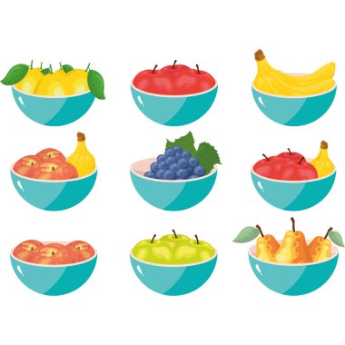 Beyaz zemin üzerinde 9 meyve kasesi izole (elma, muz, şeftali, armut, üzüm))