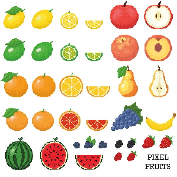 Set of Pixel Art Fruits Icon. 32x32 Pixels Stock Vector