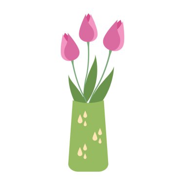 Yeşil vazoda pembe laleler ve sarı damlalar. Beyaz arkaplan üzerindeki illüstrasyonu izole et