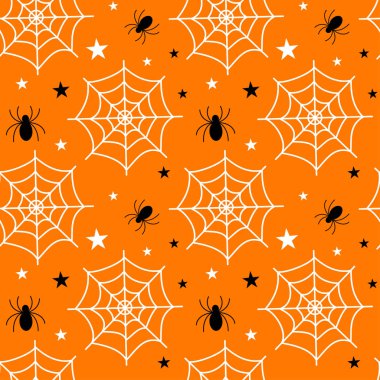 Düz vektör çizimi. Örümcek ağları ve örümceklerle dolu kusursuz bir Cadılar Bayramı deseni. İnternet, not defteri, arkaplan, kağıt için kullan