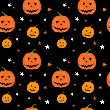 Siyah arka planda balkabağı ve yıldızlar olan kusursuz bir Cadılar Bayramı deseni. Düz vektör çizimi. Duvar kağıdı, not defteri, arkaplan, kağıt, yüzey dokuları için kullan