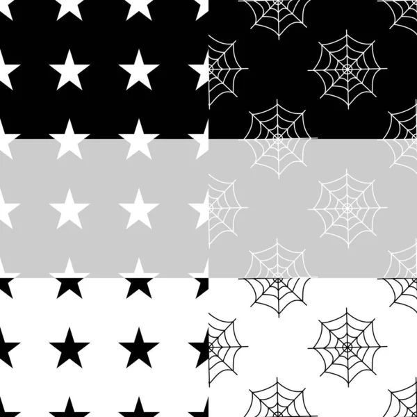 Platte vectorillustratie. Set van Halloween naadloze patroon met spinnenwebben en sterren op witte, grijze, zwarte achtergrond. Gebruik voor web, notitieblok, achtergrond, papier — Stockvector