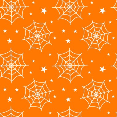 Turuncu arka planda beyaz örümcek ağları olan kusursuz bir Cadılar Bayramı deseni. Düz vektör çizimi. Web, not defteri, arkaplan, kağıt için kullan