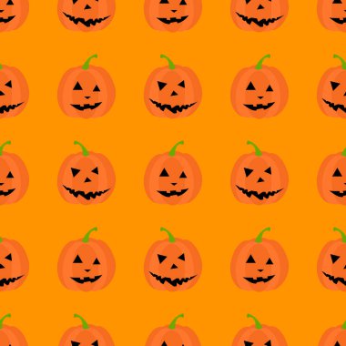 Düz vektör çizimi. Turuncu arka planda balkabağı desenli kusursuz Cadılar Bayramı. Duvar kağıdı, not defteri, arkaplan, kağıt, yüzey dokuları için kullan