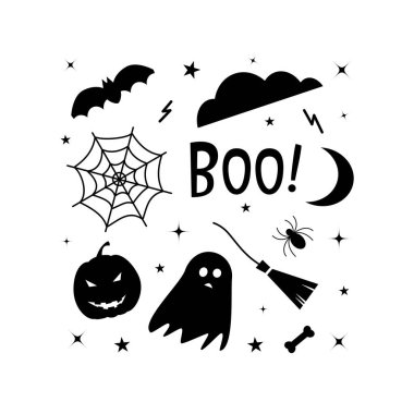 İzole vektör çizimi. Beyaz arkaplanda siyah cadılar bayramı simgeleri kümesi