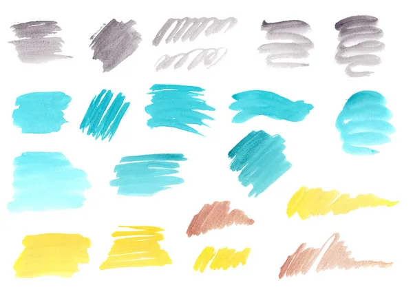 Gele, grijze, turquoise aquarel penseelstreken. Set handgetekende elementen voor ontwerp. Gebruik voor logo of webdesign — Stockfoto