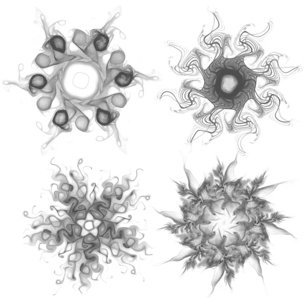 Set aus vier schwarzen Schneeflocken auf weißem Hintergrund. Abstrakter Computer erzeugte fraktale Abbildung einer Schneeflocke. Illustration, isoliert. Verwendung als Stempel oder Pinsel — Stockfoto