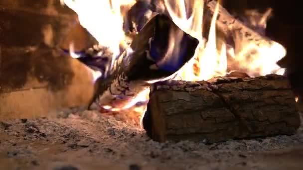 Дрова горят в камине. Пылающий огонь внутри печи. Красивое сжигание палена — стоковое видео