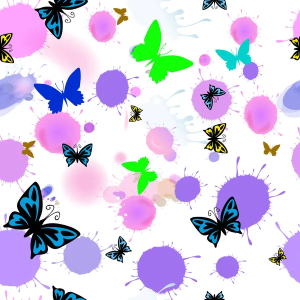 Vector Seamless Floral Pattern Butterfly Watercolor Splash Blots Drop Hand — Stock Vector