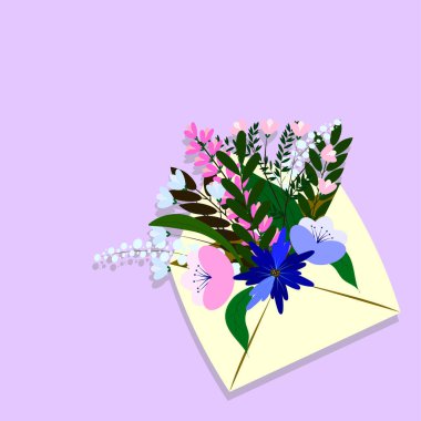 Posta zarfında bir buket çiçek var. Bahar tebrik kartı, baharın ilk günü, kadınlar günü, anneler günü, düğün davetiyesi, doğum günü kartı..