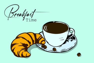 Kruvasanla kahve molası, vektör illüstrasyonu. 