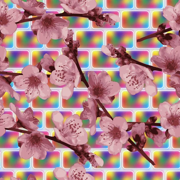 Kolorowe Szklane Ściany Ozdobione Kwitnącymi Gałązkami Wiśni — Zdjęcie stockowe
