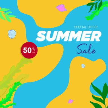 Summer sale 50 off vector illustration with tropical leaves. Promotion banner for website, flyer and poster. 