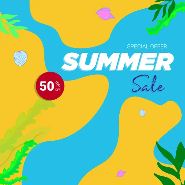 Venta Verano Vector Ilustración Con Hojas Tropicales Banner Promoción Para — Vector de stock