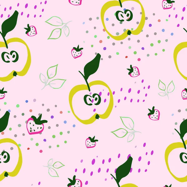 Dibujado Mano Lindo Patrón Sin Costuras Frutas Manzana Fresa Puntos — Vector de stock