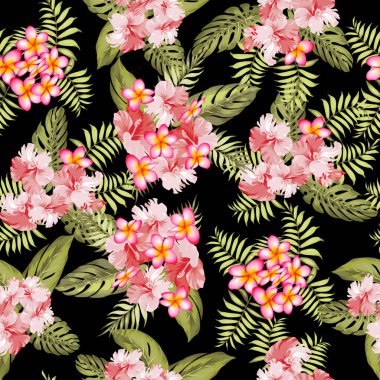 Arka planda yeşil tropikal yapraklar, su tesisatı ve çiçek desenleri var. Kusursuz tropikal desen