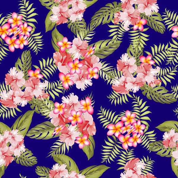Vector Seamless Pattern Green Tropical Leaves Plumeria Hibiscus Flowers Background — Archivo Imágenes Vectoriales