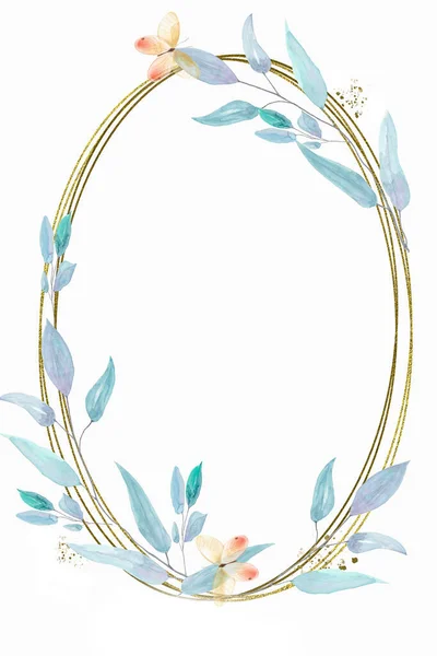 Template Golden Oval Frame Branches Butterflies Painted Watercolor Can Used —  Fotos de Stock