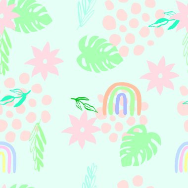 Cute seamless pattern with dots, flower, leaves and colorful rainbows. Boho, nursery design for textile, wallpaper, scrapbooking. Kids clip art. Vector ornamental illustration background. 